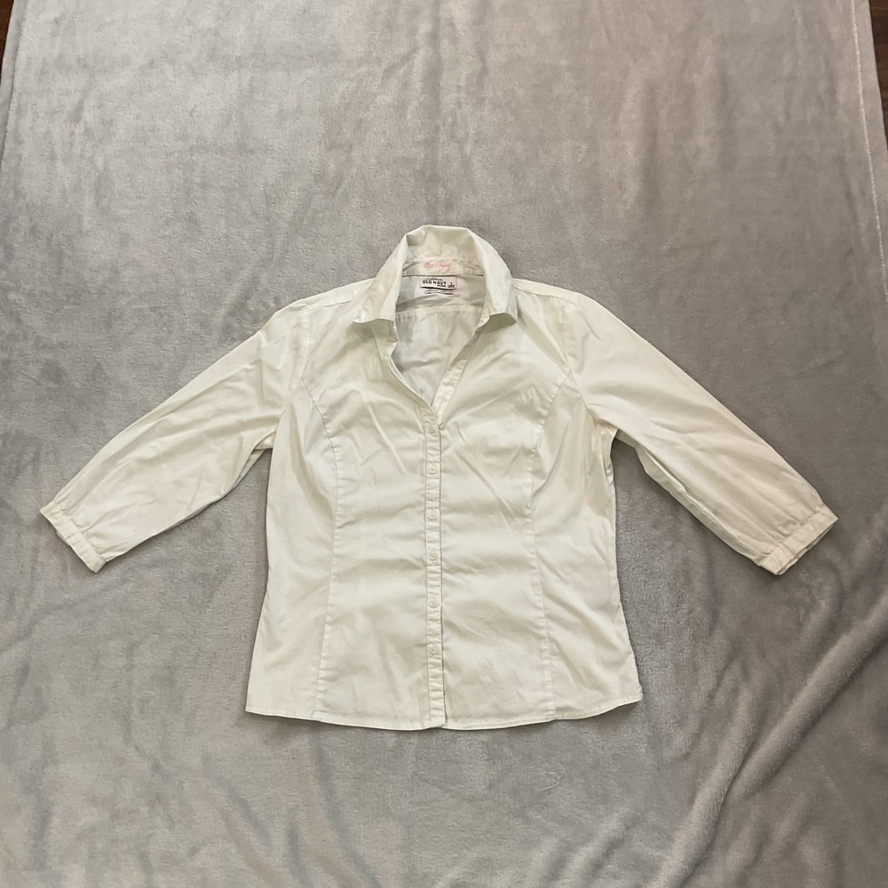 Vintage Old Navy Perfect Fit Stretch White Button Up Shirt 3/4 Sleeve Wms Small